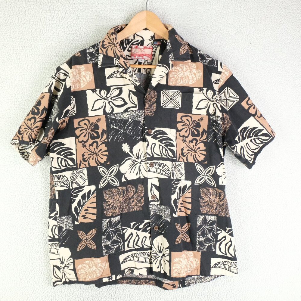 RJC Hawaiian Shirt Mens Large Black Brown Floral Geometric Button Up Cotton Camp